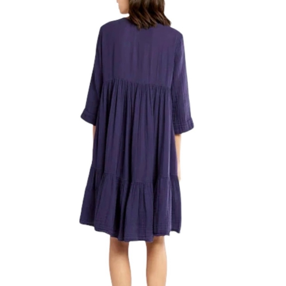 XiRENA Navy Gauze Cotton Crinkle Dress Size Small Boho V-Neck Tiered Midi - Picture 2 of 9